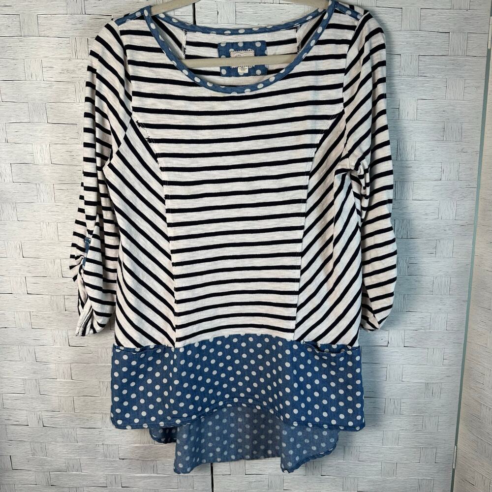 Anthropologie Womens t-shirt nautical roll tab sleeve polkadot stripe
